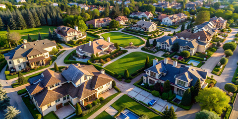 Aerial view of an upscale residential neighborhood with mansions and manicured lawns