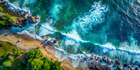 Aerial view of secluded tropical beach with turquoise water crashing against rocky shores
