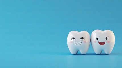 Obraz premium Adorable white tooth characters with happy faces smiling against a bright blue background, perfect for children's dental health promotions, educational materials, and fun tooth care awareness campaign