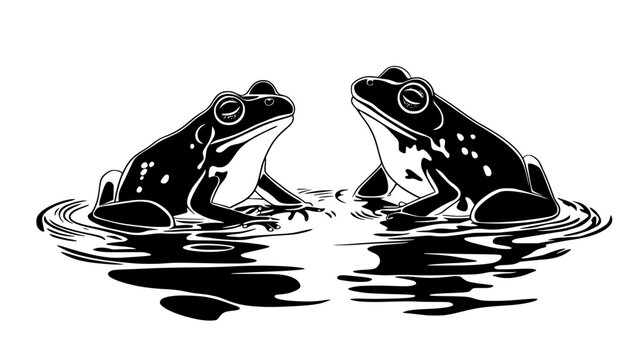 Mating pair of frogs in amplexus on the water's surface, vector illustration art