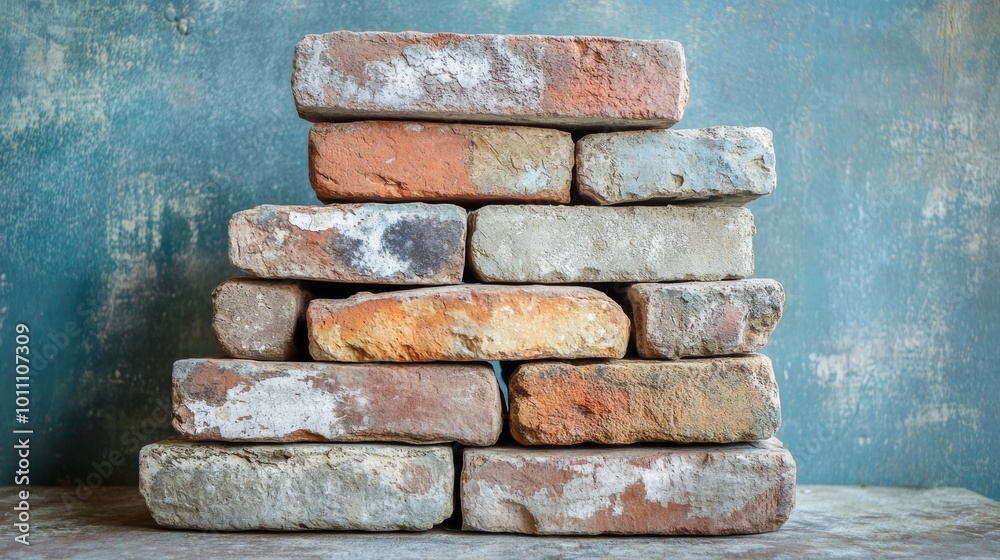 Sticker Stack of old bricks creating copy space on rustic background