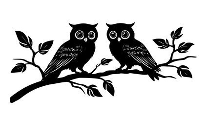 Fototapeta premium Pair of owls engaged in a courtship ritual on a branch, vector illustration art