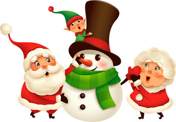 Santa Claus and Mrs Claus building snowman