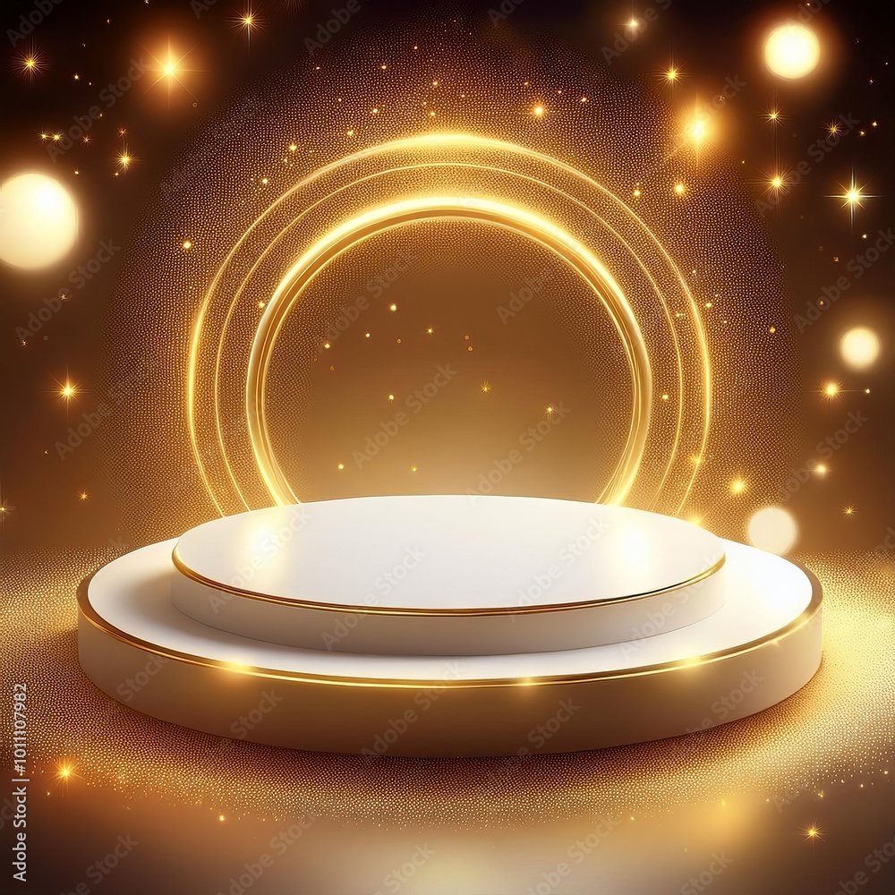 Poster Empty white Pedestal with Bright Circular golden Lights 