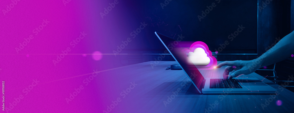 Poster hand interacts with a laptop keyboard while a glowing cloud icon hovers above the screen. The vibrant neon colors and modern design represent cloud computing, data storage, and online connectivity.