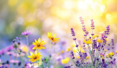 Beautiful spring background with yellow and purple flowers