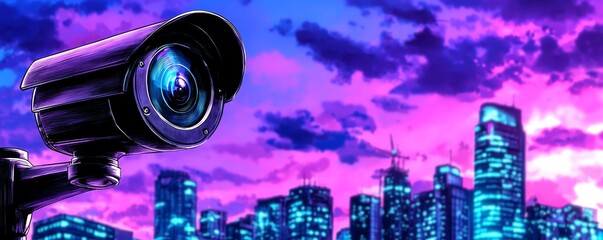 Watercolor sketch of a surveillance camera against a pastel-colored urban skyline, highlighting quiet vigilance.