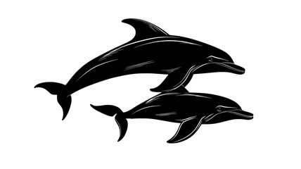 Fototapeta premium Dolphin mother and calf swimming close together underwater, vector illustration art