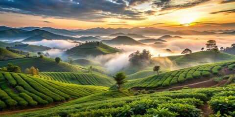 Misty highlands embrace Cau Dat Tea Hills, where lush green plantations cascade through the valley, creating a