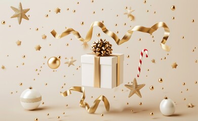Elegant 3D rendering of a white gift box with gold ribbon and Christmas decorations