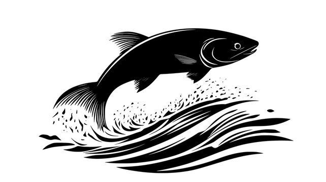 Salmon leaping up waterfall during upstream migration, vector illustration art
