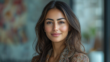 Obraz premium Middle Eastern Woman Coach - portrait, woman, smiling, indoors, casual, confidence, natural light, fashion, brunette, eyes, lips, hair, beauty, lifestyle, texture, expression