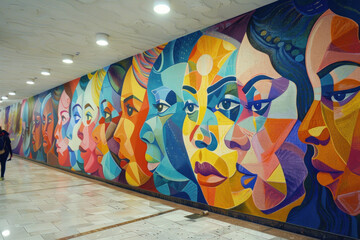 A mural in a public space symbolizing unity in diversity, created by artists of different ethnicities.