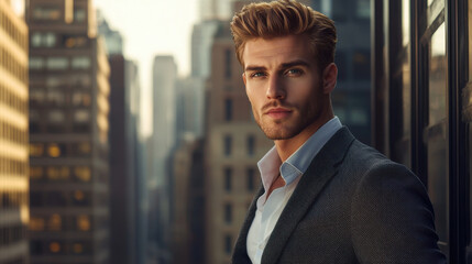 Fototapeta premium Handsome Young Man in Suit Looking at Camera