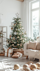 A beautifully decorated Christmas tree surrounded by wrapped gifts in a cozy living room bathed in soft winter light