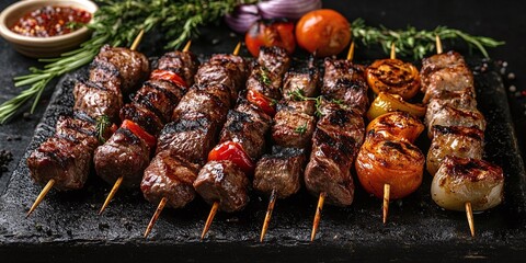 BBQ enthusiasts grilling skewered meat and cut steak kebabs on a charcoal grill perfect for outdoor...