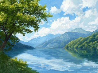 Fototapeta premium Flowing scenery of calm waters and gentle breezes in a serene environment, [lifestyle , calm , flowing], [nature-inspired peace], ,
