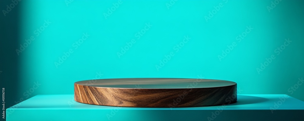 Sticker Empty round wooden podium on turquoise background for product presentation