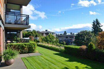 Fototapeta premium Apartment View. Nice Balcony Grass Outside with Pretty Tree and Blue Sky