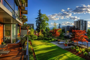 Naklejka premium Apartment View. Outside Balcony with Lovely Greenery, Blue Sky and Tree