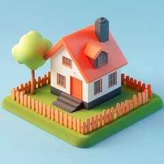 3D Fenced House Icon: Residential Property and Privacy Illustration Logo