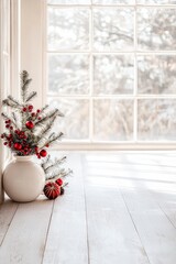 Fototapeta premium A workplace decorated for Christmas with a Christmas cross and holiday-themed window displays.