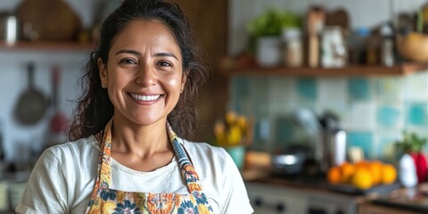 Obraz premium proud mom posing in her modern clean kitchen smiling confidently while standing in an organized home interior reflecting her domestic pride and happy lifestyle