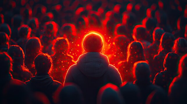 a standout individual illuminated among crowd symbolizing self promotion ,personal branding