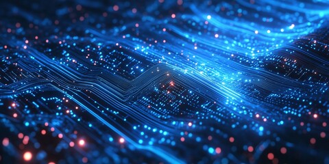 quantum computer technologies concept with futuristic blue circuit board design, focusing on quantum explosion, wave flow, and innovations in artificial intelligence and computing