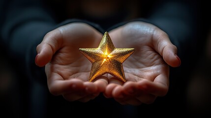 a team leader holding gold star in hands symbolizing recognition ,success main objects gold star team leader team members clapping
