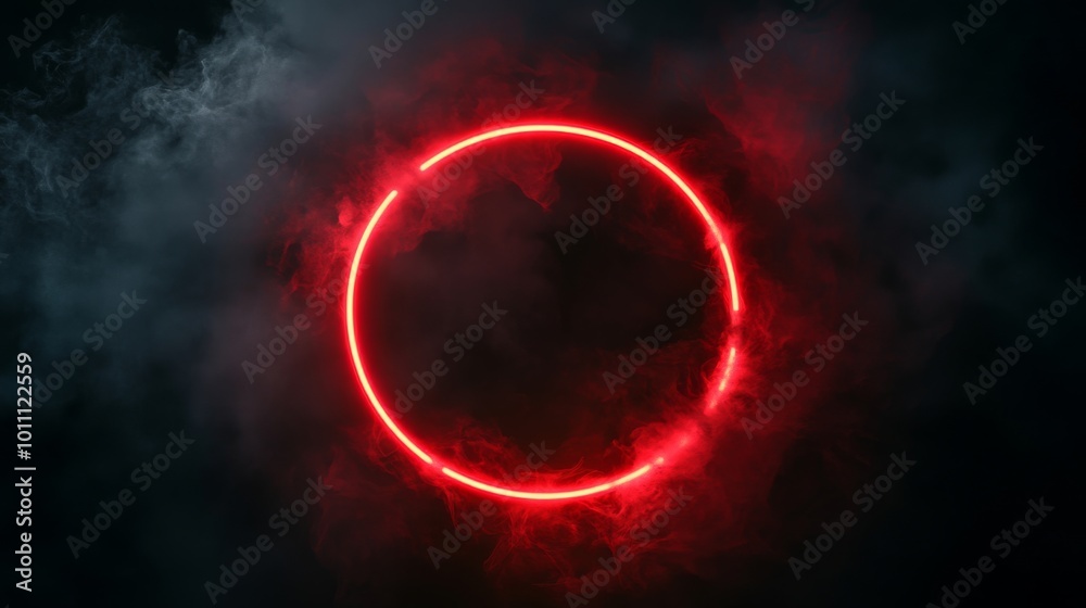 Wall mural Red neon circle glowing inside smoke cloud on black background