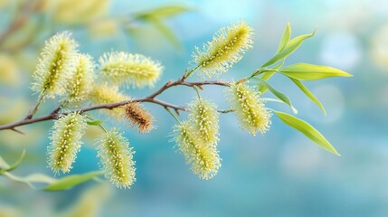 Fototapeta premium Soft Green Blossoms on a Delicate Branch