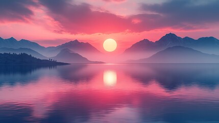 a vibrant retro sunset over calm waters with mountains in the background reflecting nostalgia ,tranquility