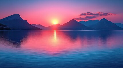 a vibrant retro sunset over calm waters with mountains in the background reflecting nostalgia ,tranquility