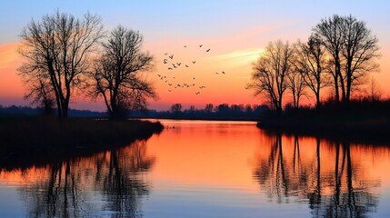 Obraz premium Silhouette of trees reflected in a lake at sunset.