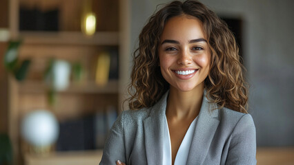 Fototapeta premium Mixed Race Woman Attorney - business, woman, professional, smile, office, corporate, confident, young, female, casual, work, friendly, success, entrepreneur, modern