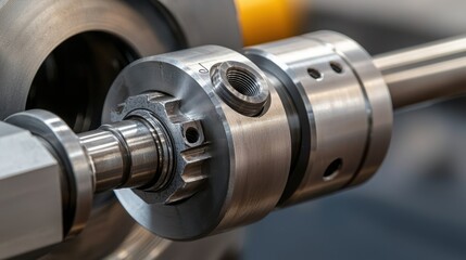 Close-up of a precision metal component showcasing intricate design and engineering in a modern manufacturing environment.
