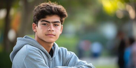 high school student posing in the front yard of his school showcasing his Hispanic identity and academic drive representing youth education and future success