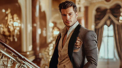 Handsome man in a suit and vest standing in a grand staircase