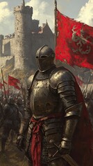 Medieval Knight in Armor Standing Before a Castle with Red Banners and Soldiers in the Background