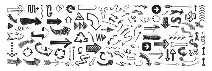 Obraz premium A set of arrows drawn by hand with charcoal or brush. Arrow abstract brush line stroke color vector set. Brush strokes, artistic grunge vector arrows