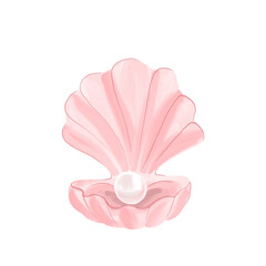 hand drawn watercolor pink cute pearl on a sea shell