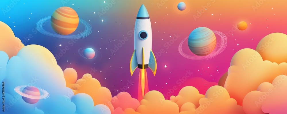 Wall mural spaceship launching from clouds to explore planets and universe