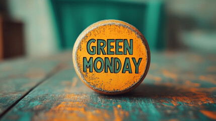 Celebrating Green Monday with a vibrant yellow sign promoting eco-friendly practices indoors