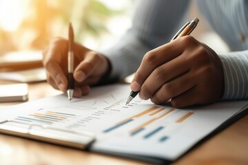 Close-up of hands analyzing data and making notes with pens on paper, showcasing productivity and focus in a business environment.