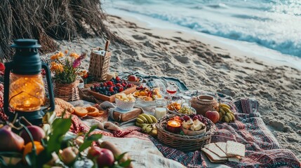 Fototapeta premium A beautiful beach picnic setup with lantern, fruits, snacks, and blankets by the ocean, perfect for a relaxing day outdoors.