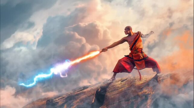 Warrior Monk Wielding Energy Staff in Dramatic Pose. Seamless looping time-lapse video background