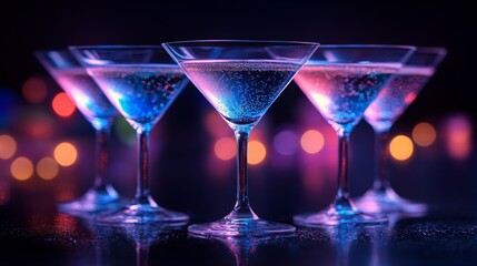 Four martini glasses standing on bar with neon lights in the background