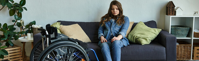 Fototapeta premium A young woman sits on the sofa, lost in thought, in a comfortable living room, wheelchair is standing nearby