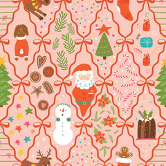 Pink Christmas bows and ribbons. Cute Christmas damask seamless pattern - cartoon Santa, reindeer, gingerbread, flowers, cookies. Vector winter holiday patchwork print, wallpaper, background, textile